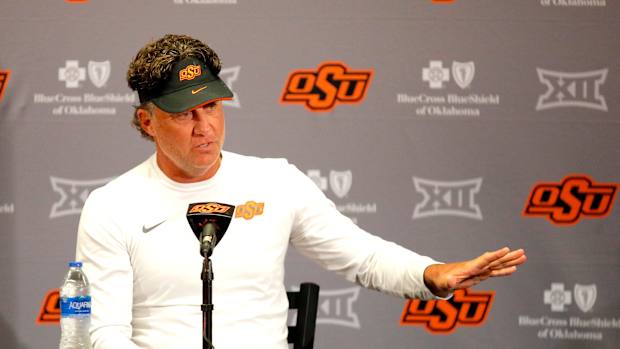 Oklahoma State head football coach Mike Gundy speaks to the media during media for the Oklahoma State University Cowboys football media days in Stillwater, Okla., Saturday, Aug., 5, 2023.